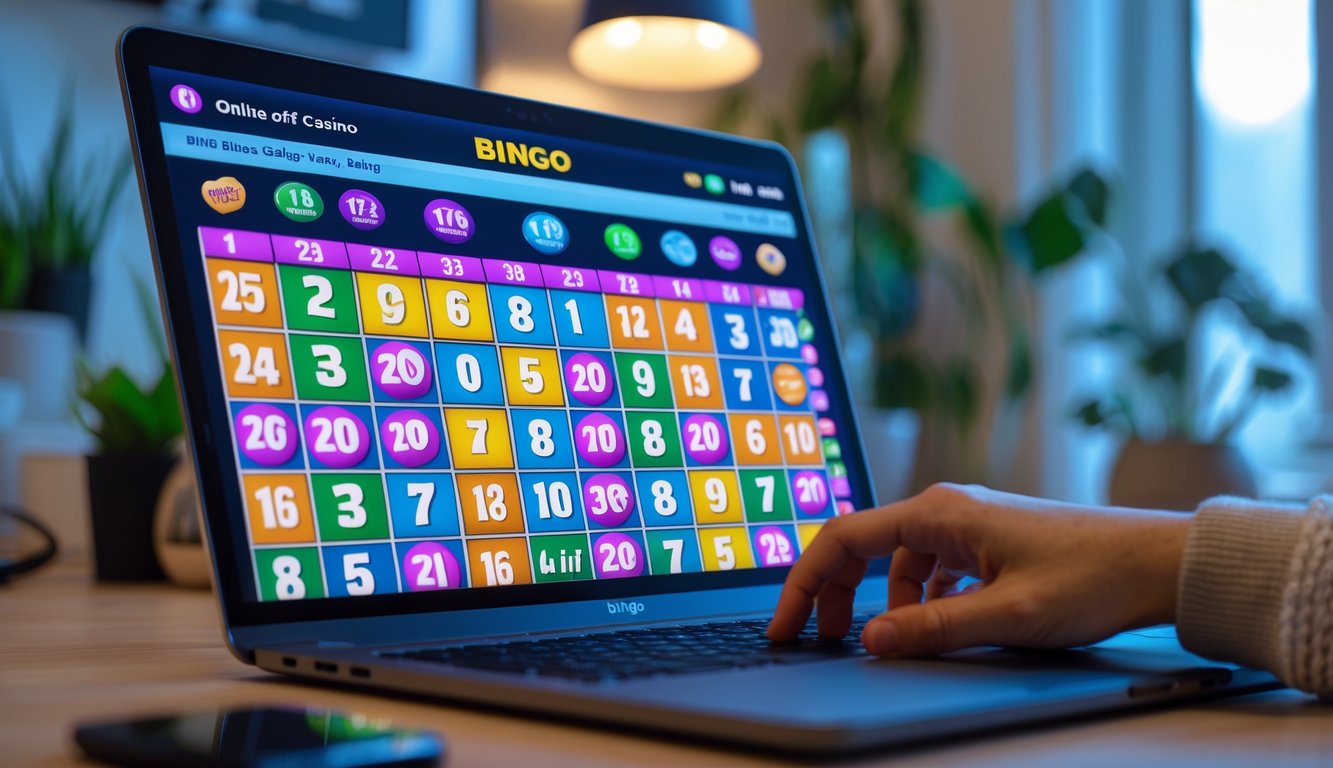 Seseorang menggunakan komputer dengan tampilan permainan bingo online di layar dalam ruangan yang nyaman.