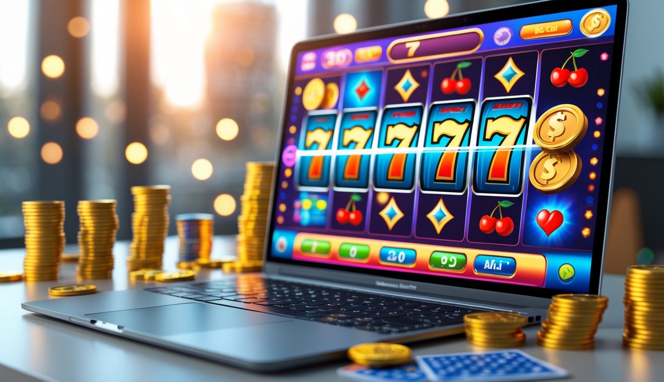 Layar komputer menampilkan permainan slot online berwarna-warni dengan koin emas dan chip poker di sekitarnya.