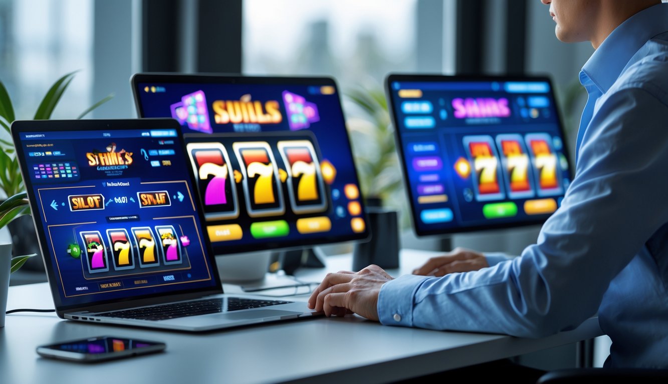 Seorang pria duduk di meja dengan laptop dan ponsel yang menampilkan permainan slot online, terlihat fokus dan serius bermain.