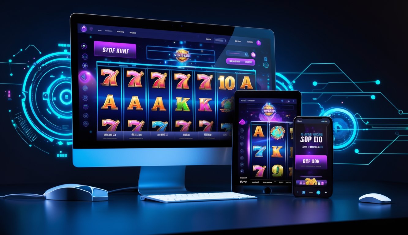 Beberapa perangkat digital menampilkan permainan slot online dengan desain modern dan antarmuka berwarna-warni.