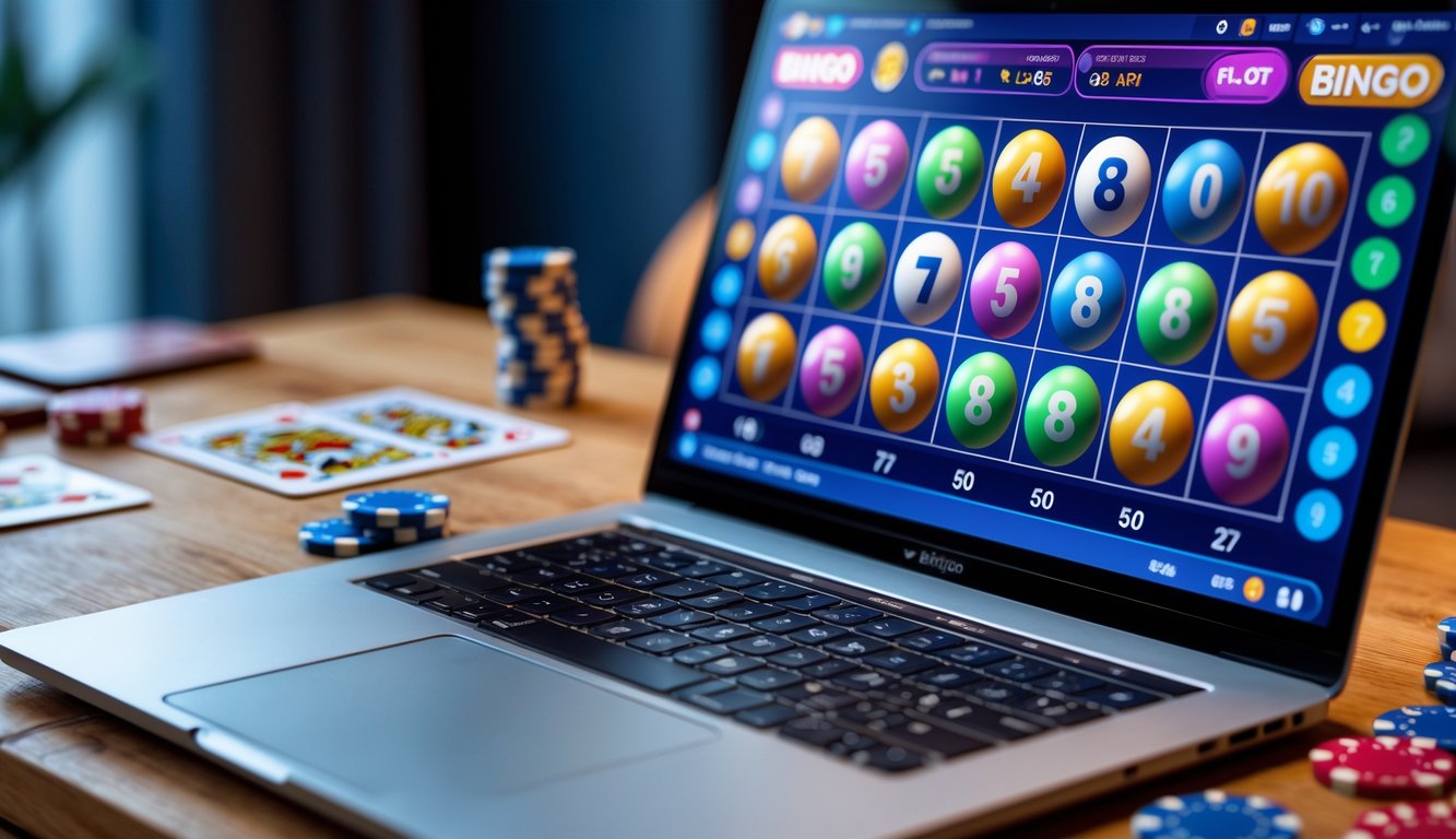 Seorang pemain menggunakan komputer dengan permainan bingo online di layar, dikelilingi oleh kartu remi dan chip kasino di atas meja kayu.