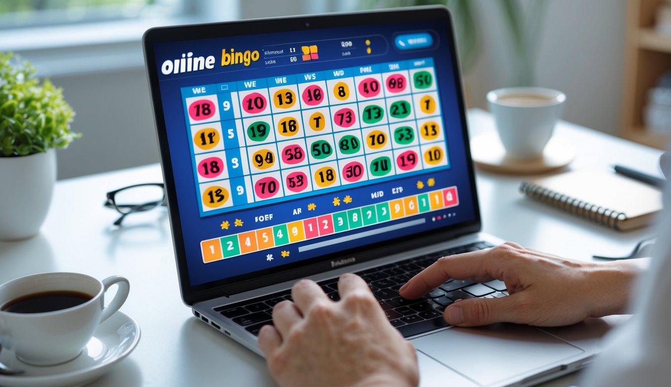 Seseorang menggunakan laptop untuk bermain bingo online di meja kerja dengan latar belakang ruangan rumah yang nyaman.