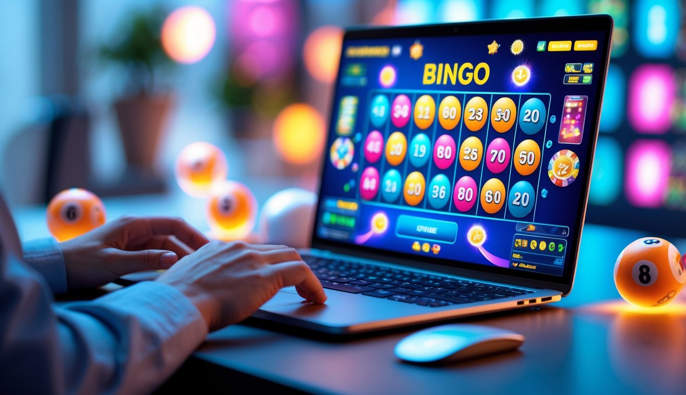 Seseorang sedang bermain permainan bingo kasino online menggunakan komputer dengan kartu bingo digital dan bola bingo di layar.