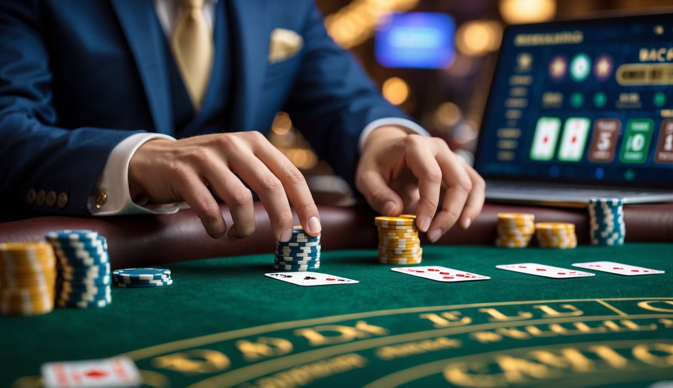 Tangan seseorang sedang memasang taruhan di meja baccarat dengan kartu dan chip, di latar belakang terlihat layar perangkat digital yang menampilkan permainan baccarat online.