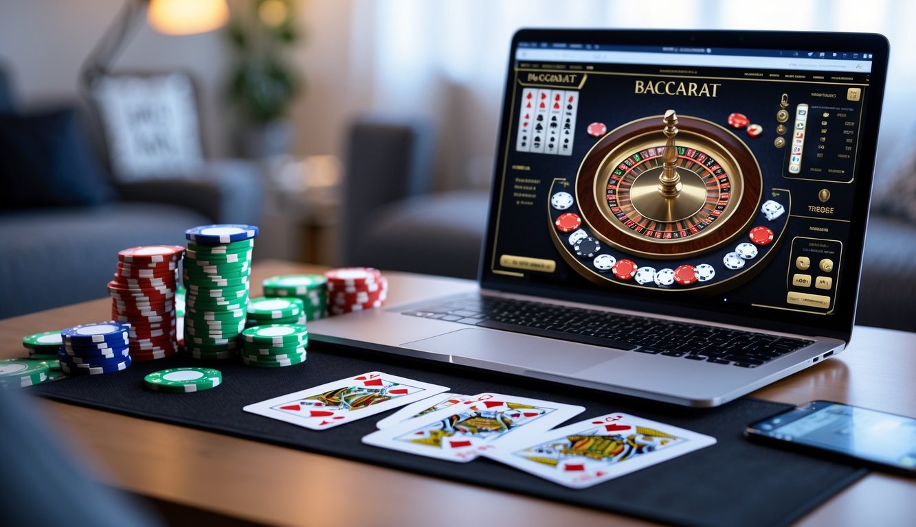 Seorang pria menggunakan laptop dengan tampilan permainan baccarat online, di meja terdapat chip poker dan kartu remi.