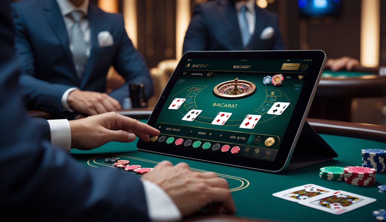 Seseorang menggunakan perangkat digital untuk bermain baccarat online di lingkungan kasino yang elegan.
