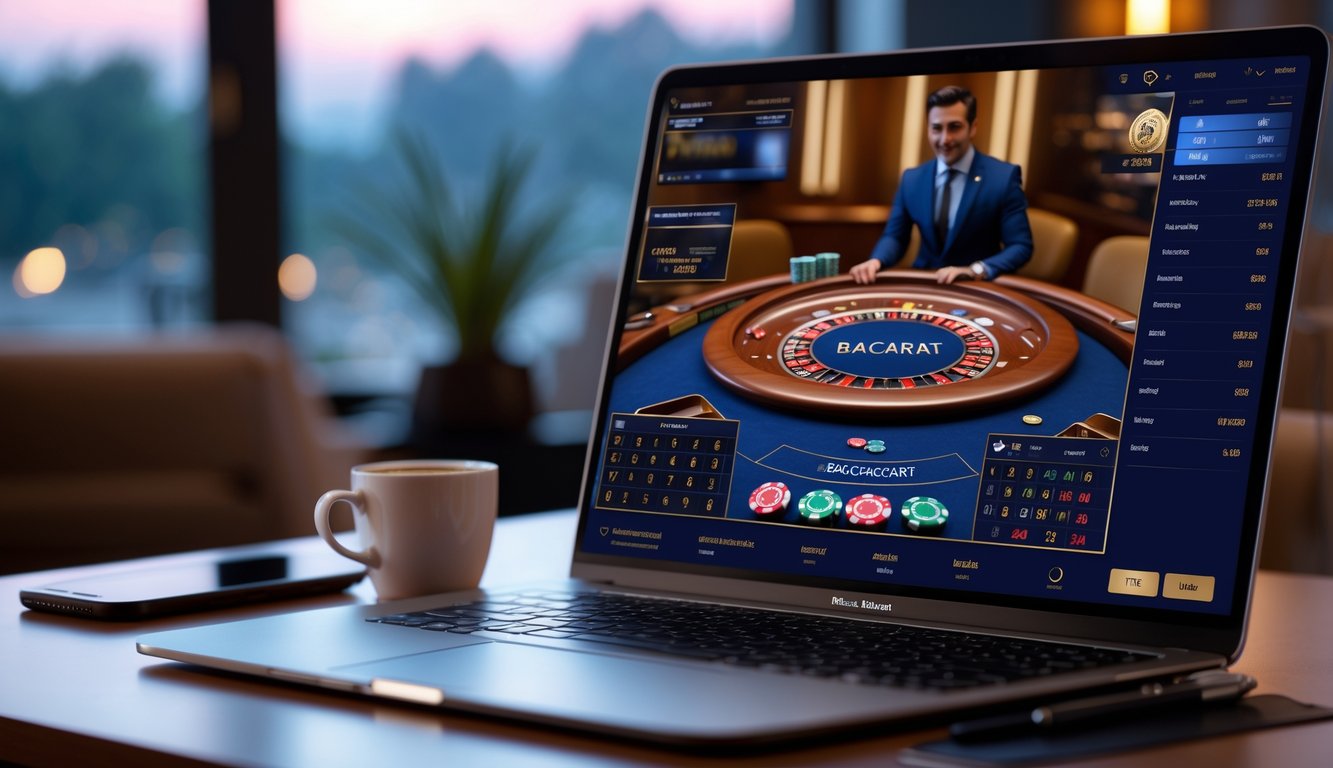 Seorang pemain sedang menggunakan komputer untuk bertaruh secara langsung pada permainan baccarat online dengan suasana ruangan yang nyaman.