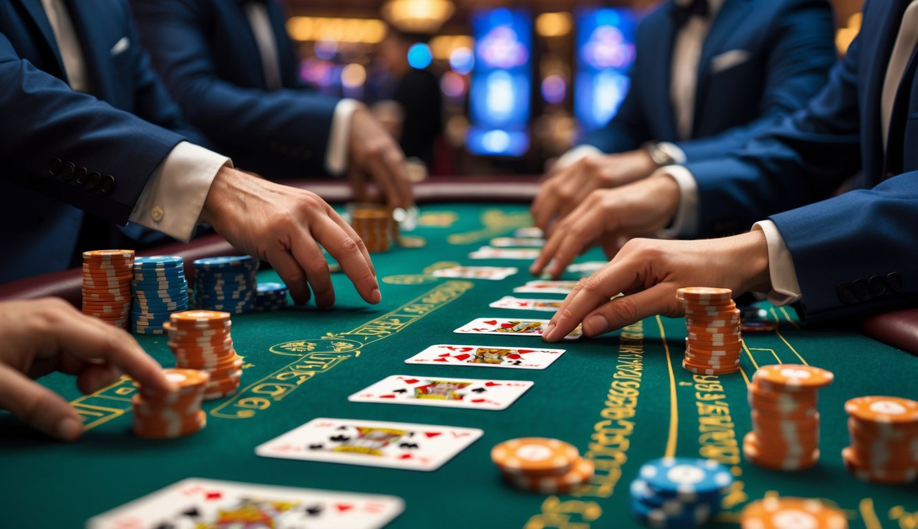 Orang-orang bertaruh di meja baccarat di dalam kasino mewah dengan kartu dan chip taruhan.