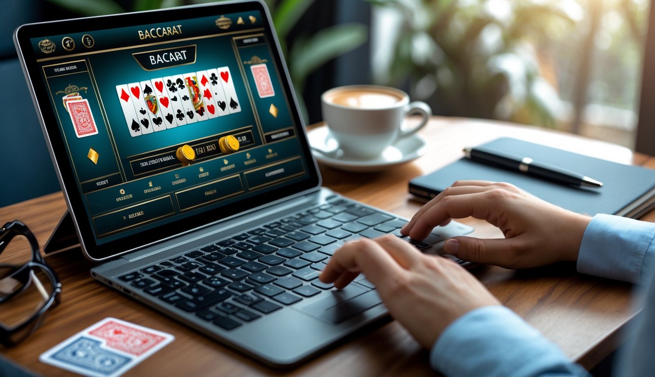 Seseorang bermain baccarat online di laptop di meja kerja dengan suasana nyaman dan terang.
