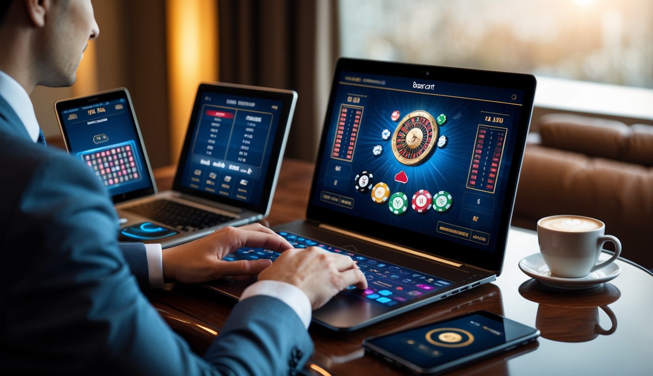Seseorang menggunakan laptop dan perangkat digital untuk bermain dan memasang taruhan baccarat online di atas meja kayu dengan suasana ruangan yang nyaman.