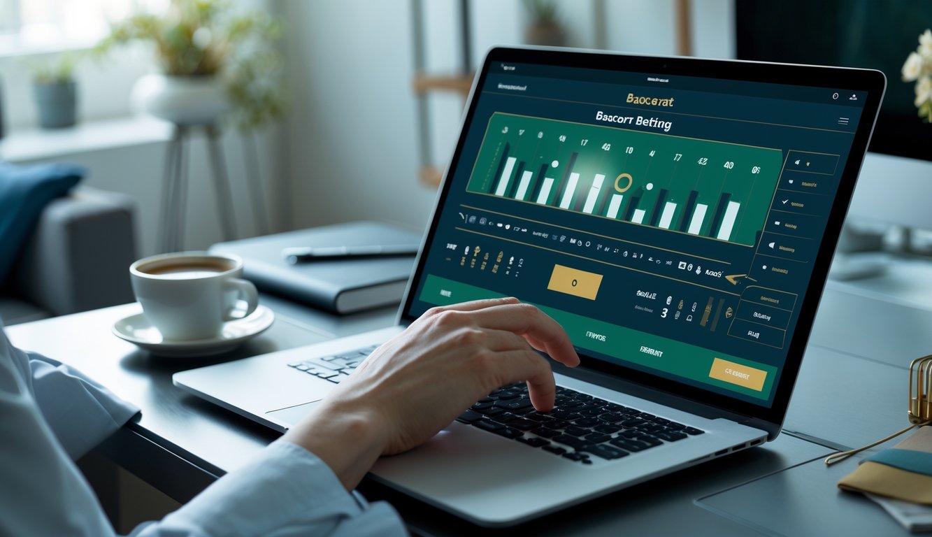 Seseorang menggunakan laptop yang menampilkan antarmuka taruhan odds baccarat online di lingkungan rumah atau kantor yang rapi.