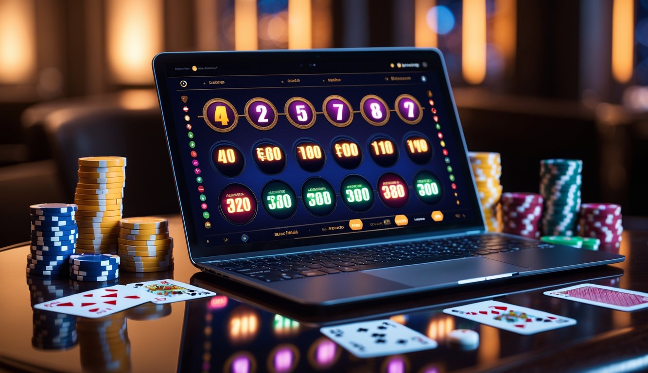 Sebuah laptop menampilkan permainan baccarat online dengan angka jackpot yang menyala, dikelilingi oleh chip poker dan kartu remi di atas meja kayu gelap.