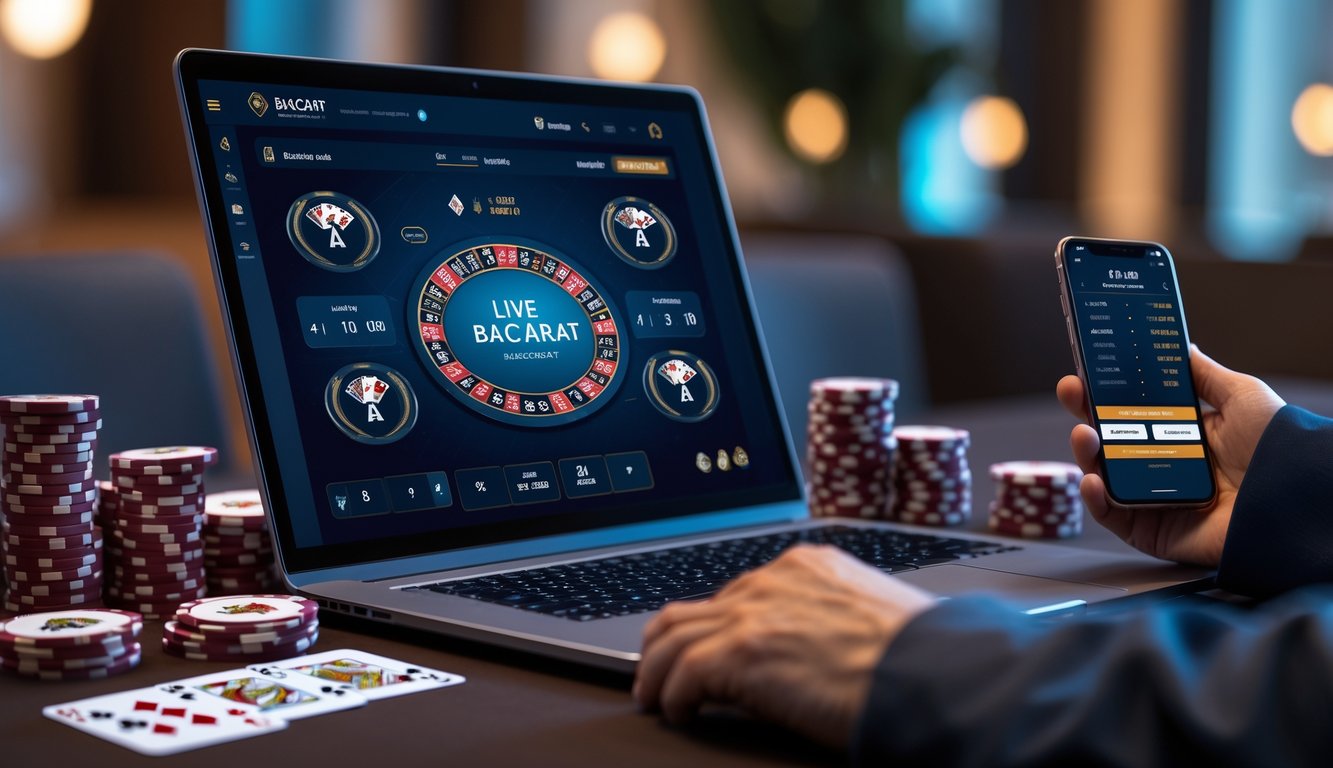 Seorang pemain sedang menggunakan komputer untuk taruhan baccarat live online dengan kartu dan chip di sekitar layar.