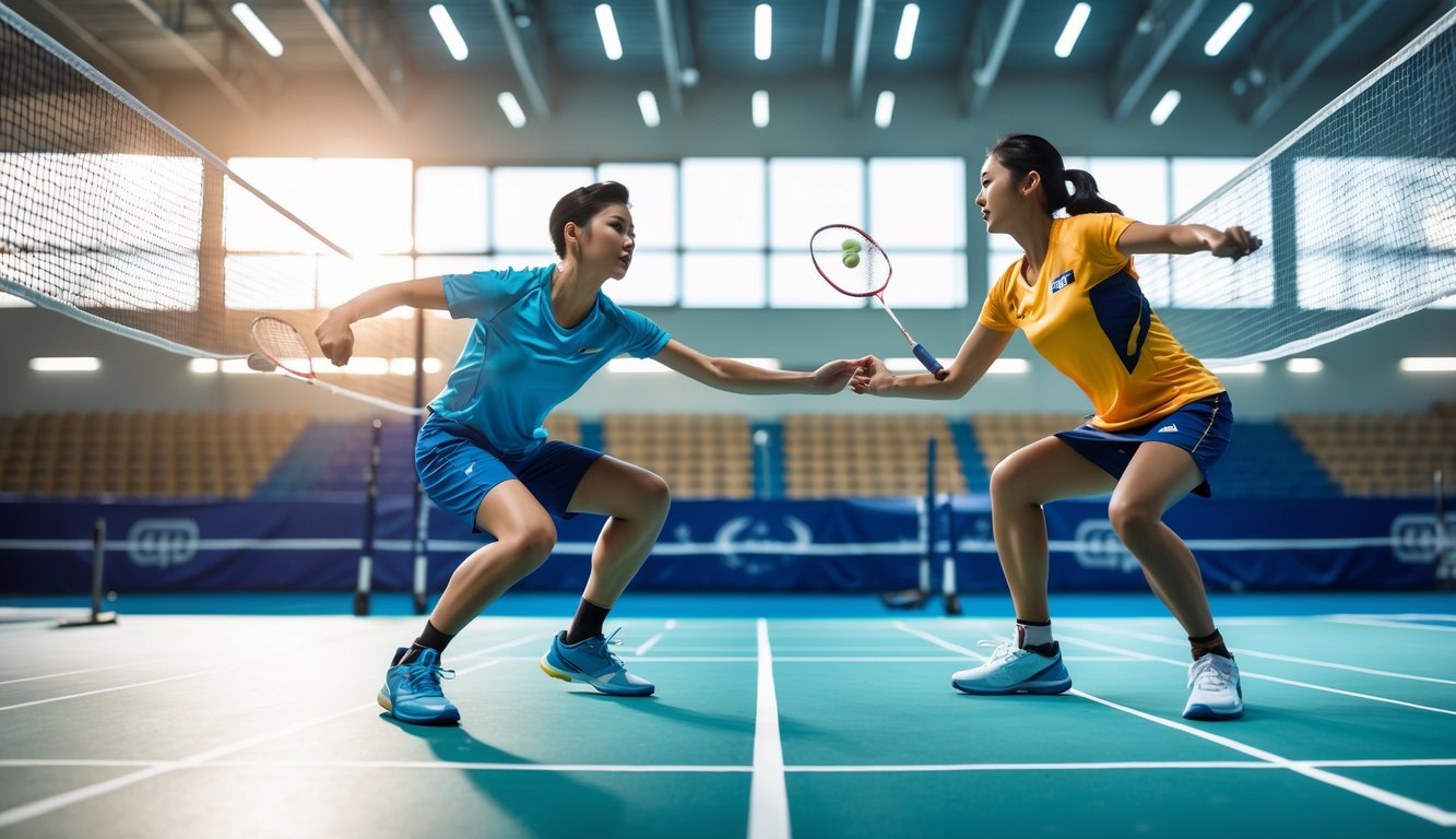 Dua pemain bulu tangkis sedang bertanding di lapangan dalam ruangan dengan satu pemain melompat memukul shuttlecock.