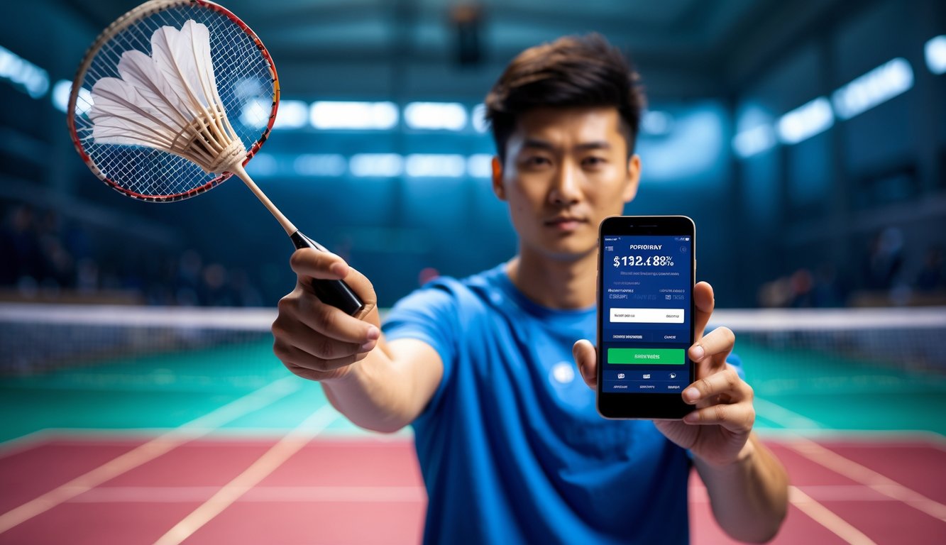 Seorang pria muda memegang ponsel sambil melihat shuttlecock bulu tangkis yang melayang di lapangan bulu tangkis dalam ruangan.