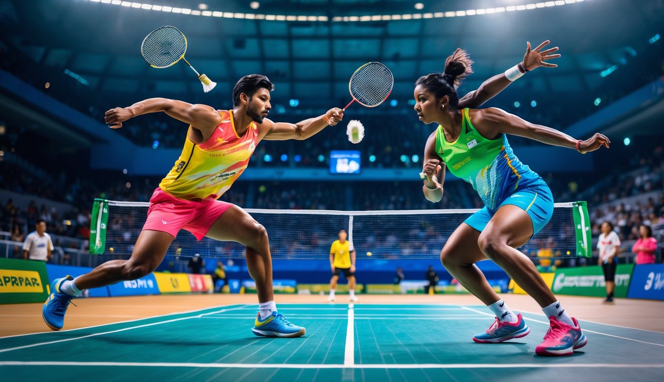 Dua pemain bulu tangkis sedang bertanding di lapangan dalam ruangan dengan penonton di belakang.