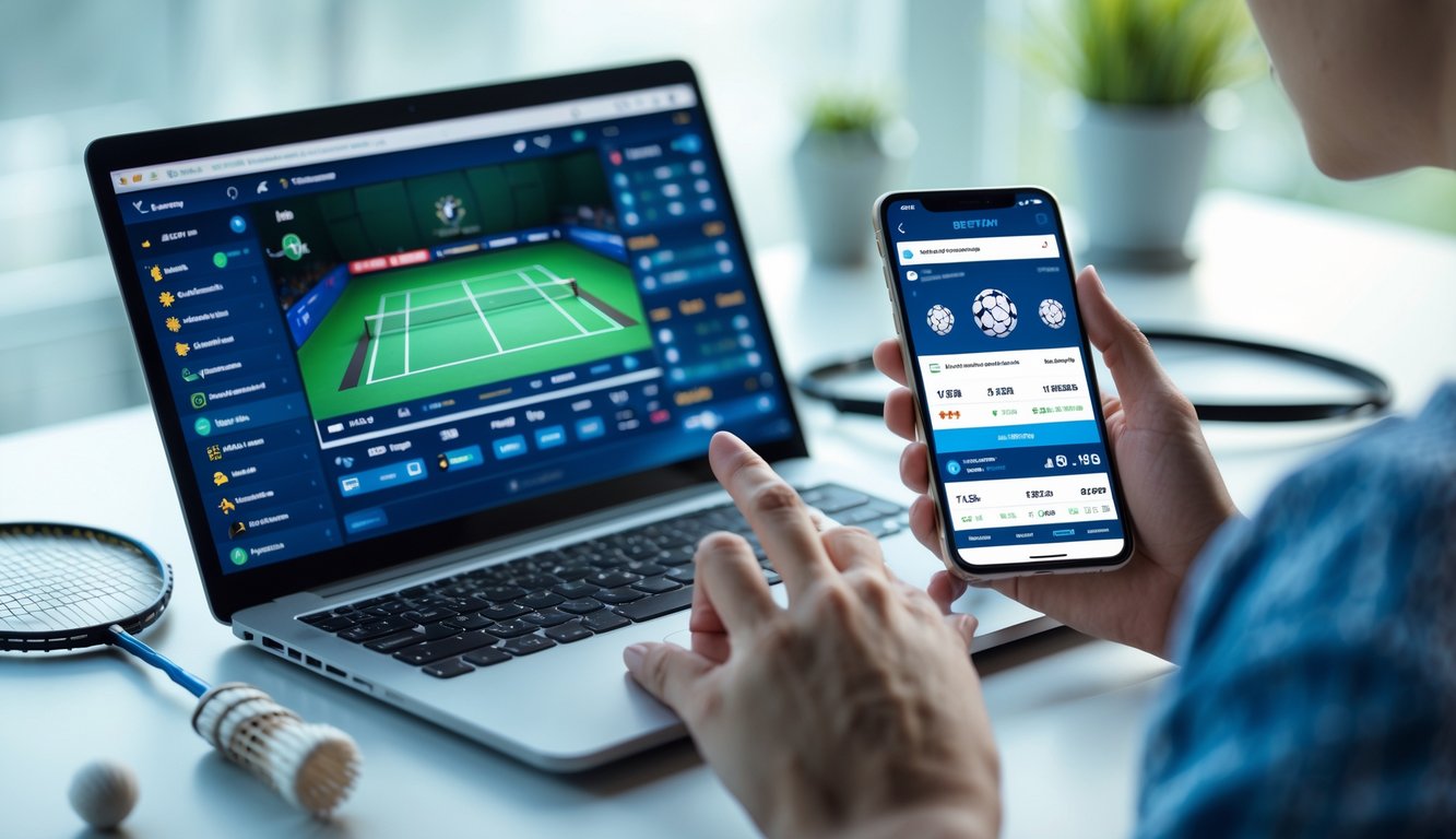 Seseorang menggunakan laptop dan ponsel untuk memasang taruhan pada pertandingan bulu tangkis secara online di meja kerja.