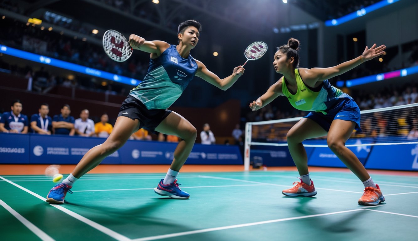 Dua pemain bulu tangkis sedang bertanding di lapangan dalam arena olahraga dengan penonton di latar belakang.