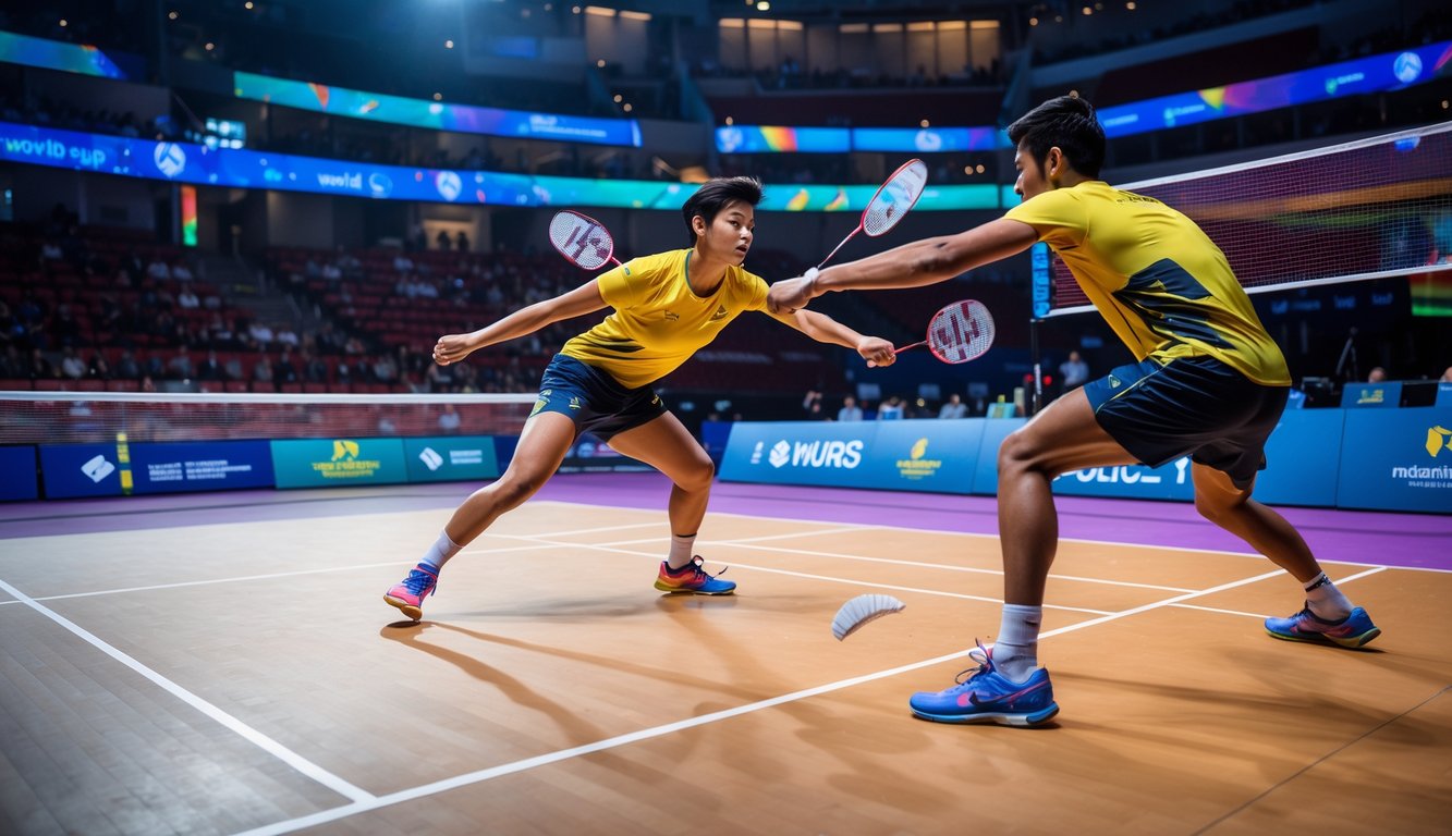 Dua pemain bulu tangkis sedang bertanding dalam sebuah pertandingan Piala Dunia di lapangan dalam ruangan dengan penonton di latar belakang.