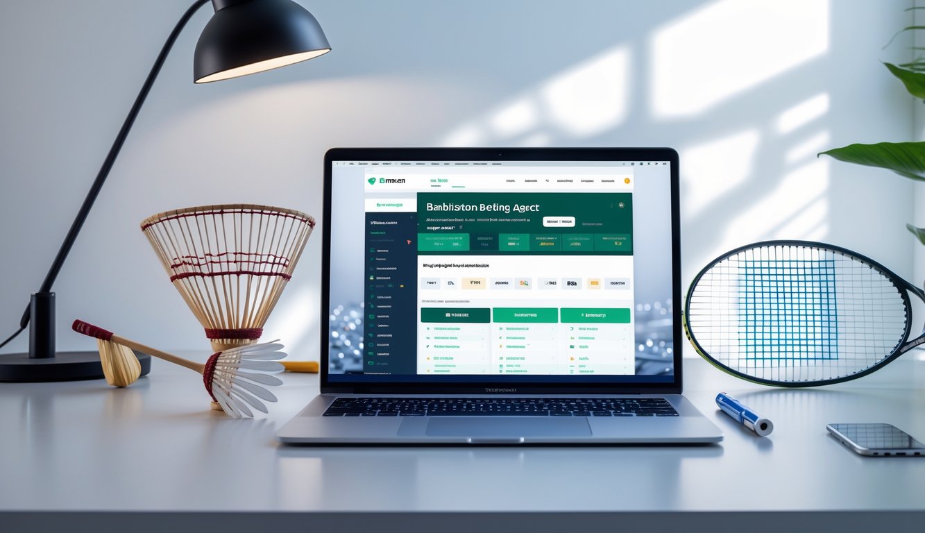 Seorang agen judi badminton online dengan laptop, raket badminton, dan shuttlecock di meja kerja.