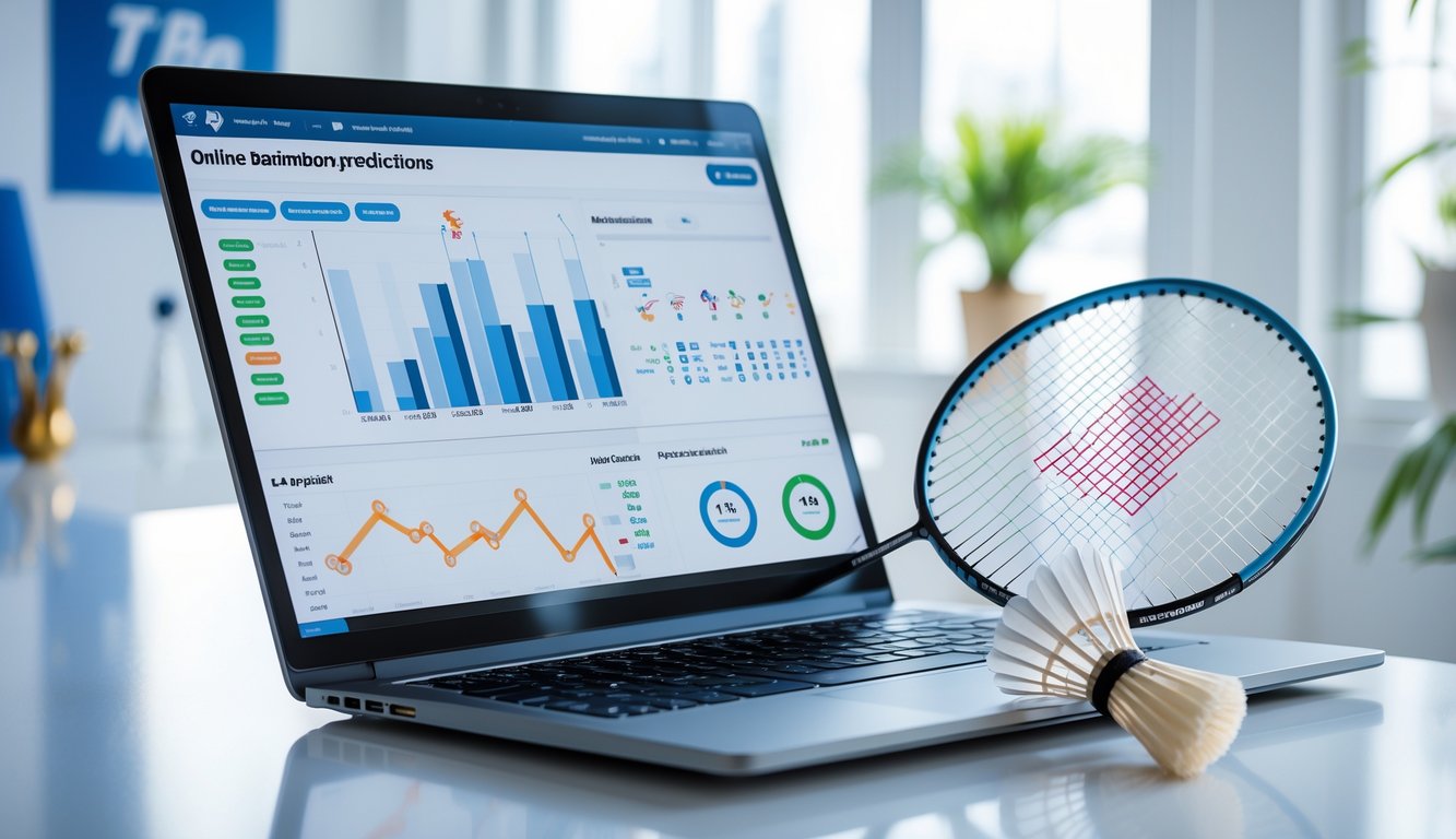 Meja kerja dengan laptop yang menampilkan analisis pertandingan bulu tangkis, raket bulu tangkis, dan shuttlecock di sampingnya.