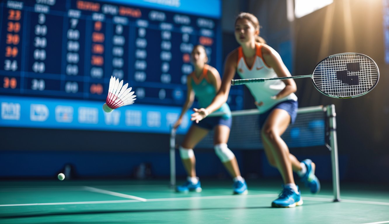 Adegan pertandingan bulu tangkis dengan shuttlecock di udara dan dua pemain sedang bermain di lapangan.