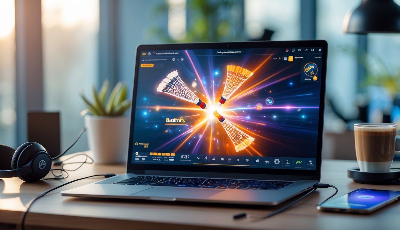 Seorang pengguna bermain game bulu tangkis secara online di laptop dengan suasana ruangan yang nyaman.