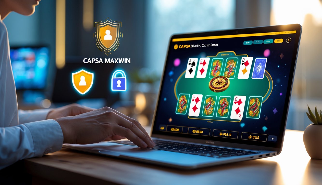 Seseorang menggunakan komputer dengan tampilan permainan kartu Capsa Maxwin di layar dalam suasana yang tenang dan profesional.