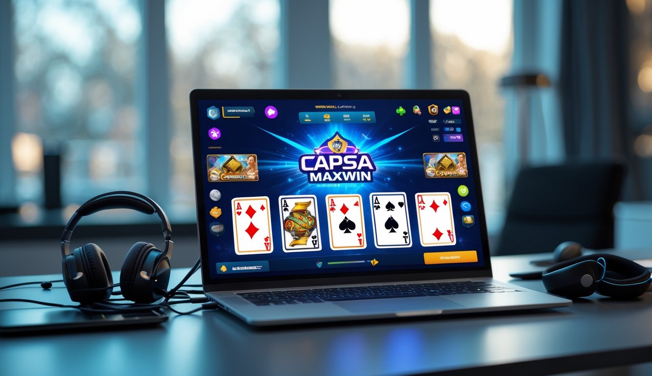 Seorang pengguna bermain permainan kartu Capsa Maxwin secara online di depan komputer di ruang kerja yang rapi.