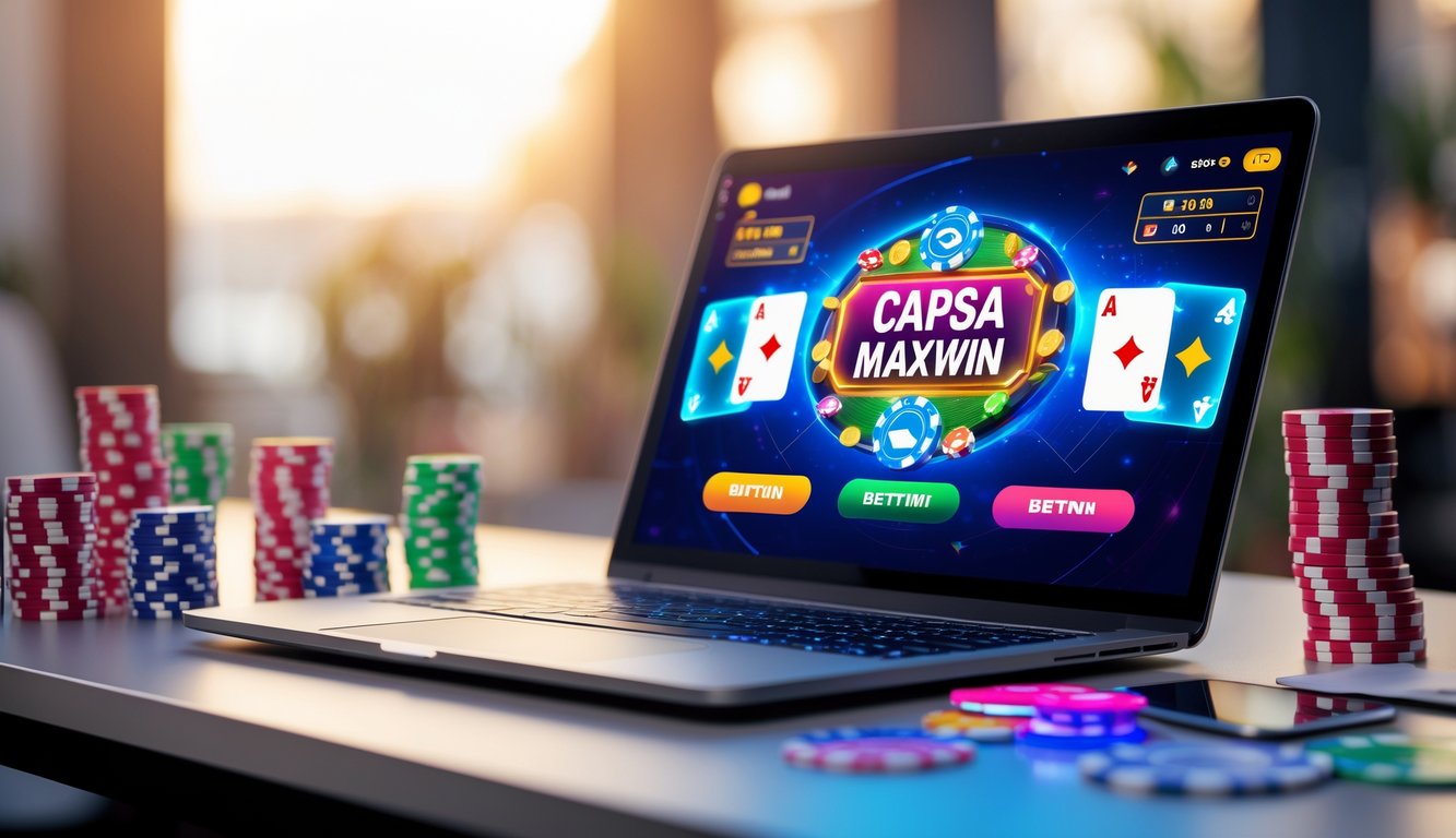Seorang pengguna sedang bermain Capsa Maxwin secara online di laptop dengan kartu dan chip poker di meja.