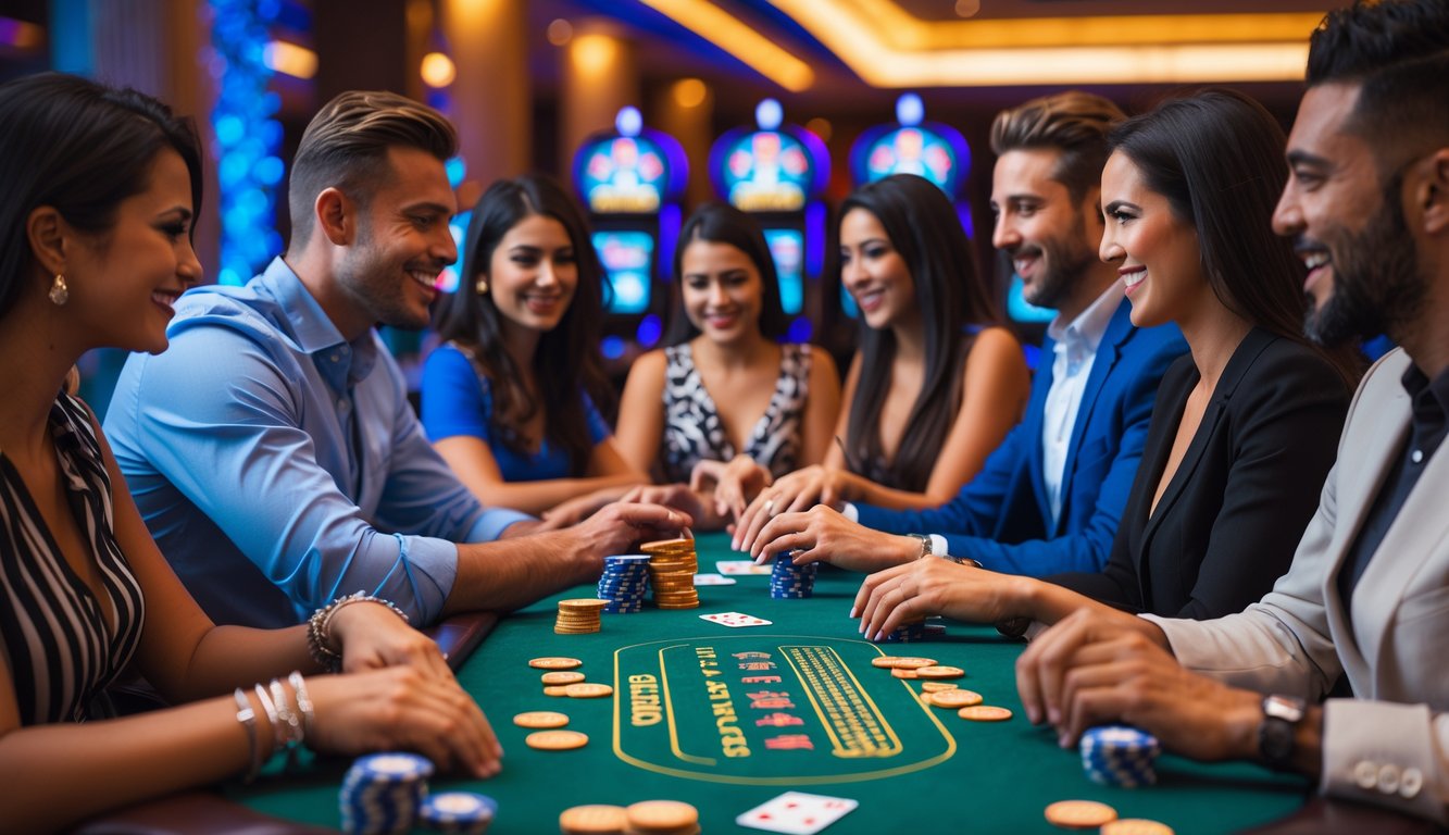 Beberapa orang duduk di meja kasino bermain permainan kartu Capsa Maxwin dengan suasana ramah dan fokus.