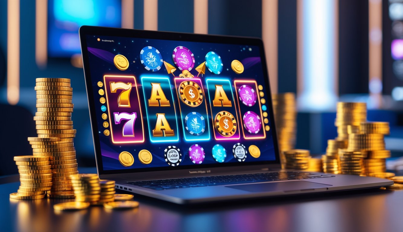 Sebuah laptop menampilkan permainan jackpot online dengan koin emas dan chip poker di sekitarnya di sebuah ruangan modern.