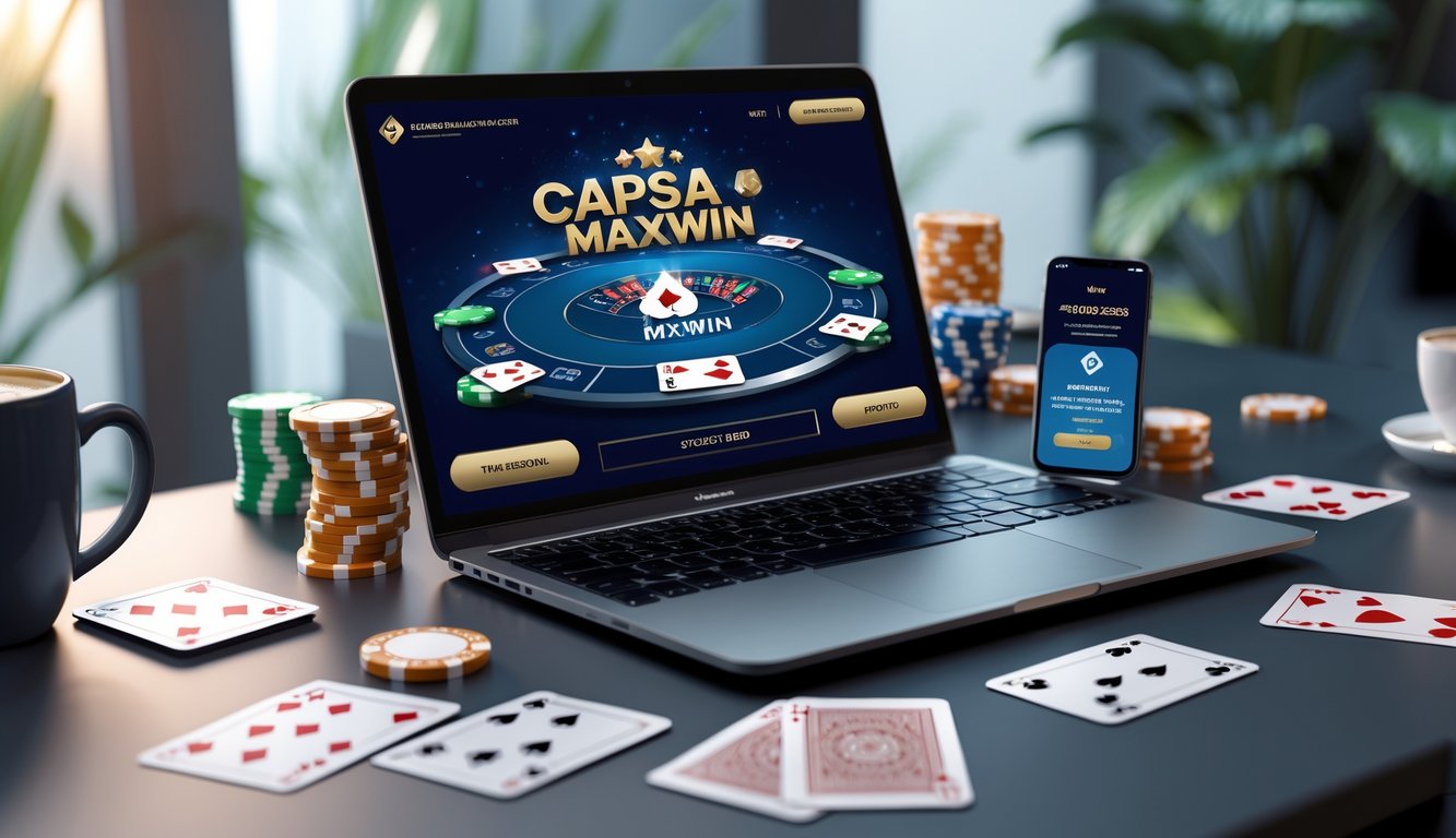 Meja kerja modern dengan laptop yang menampilkan permainan kartu digital, chip poker, kartu remi, dan ponsel yang menunjukkan konfirmasi pembayaran.