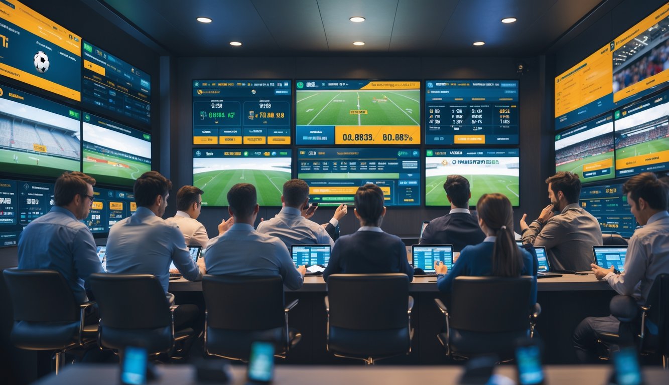 Beberapa orang sedang fokus melihat layar besar yang menampilkan pertandingan olahraga langsung dan statistik taruhan di ruangan modern.