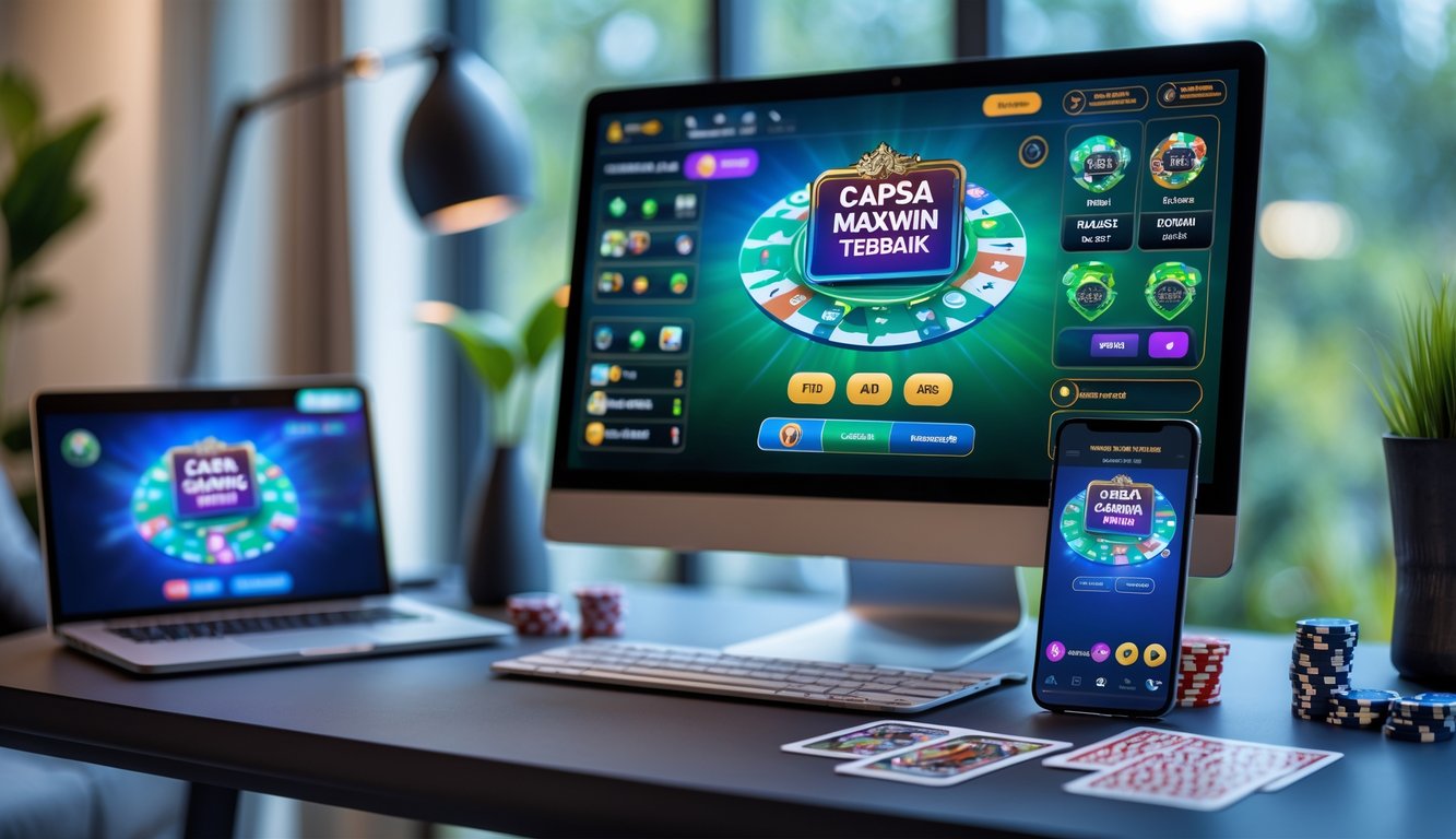 Sebuah ruang kerja modern dengan layar komputer menampilkan permainan kartu digital dan beberapa chip poker di meja.