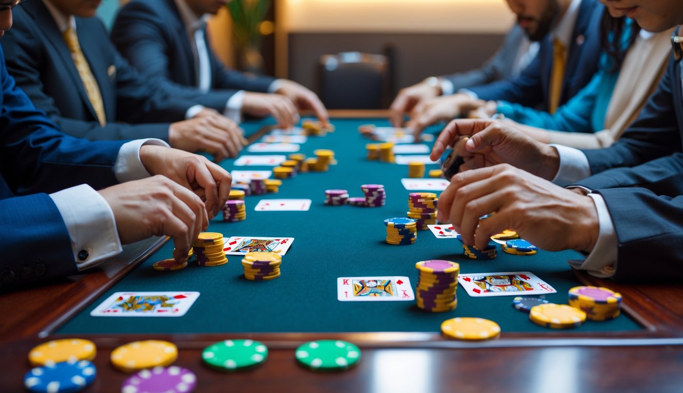 Sejumlah orang duduk mengelilingi meja bermain kartu Capsa Maxwin dengan ekspresi serius dan fokus.