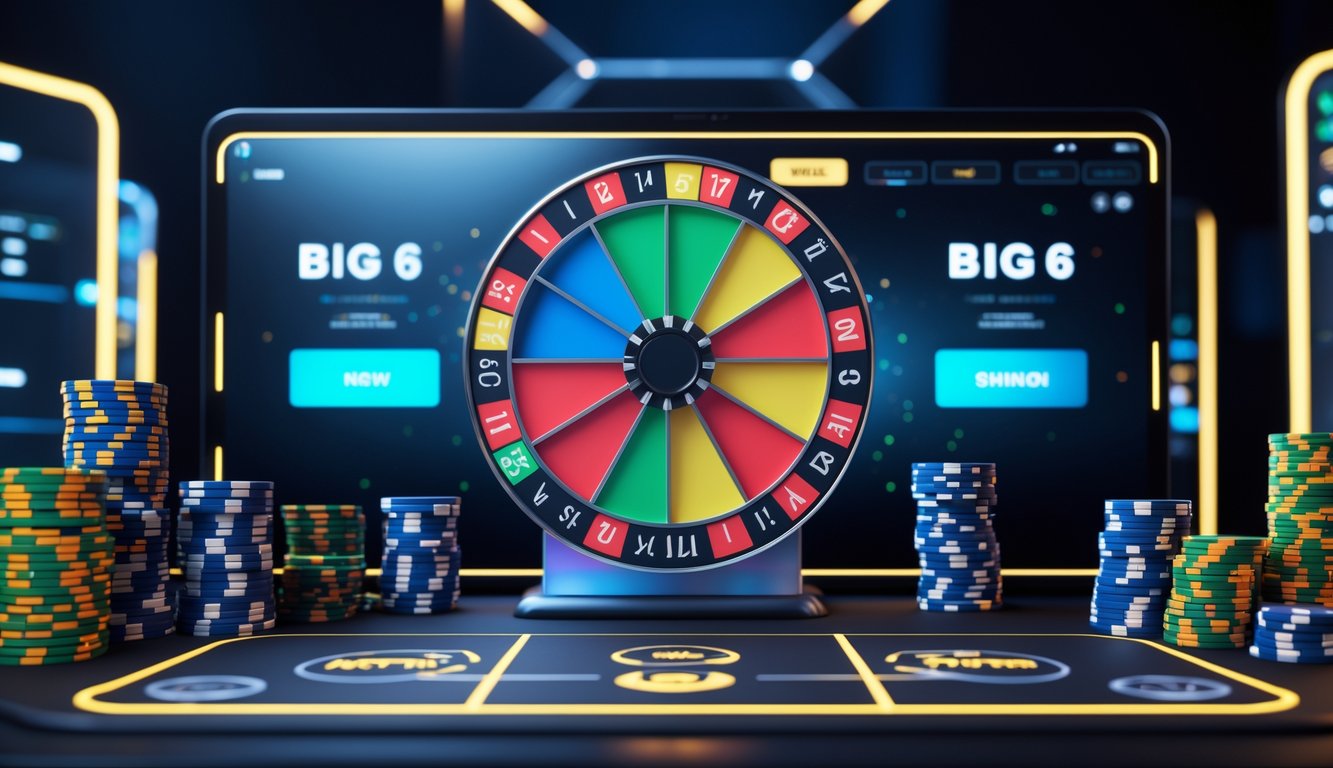 Tampilan permainan roda besar Big Six Wheel poker online dengan roda berwarna-warni yang sedang berputar dan chip poker digital di layar komputer.