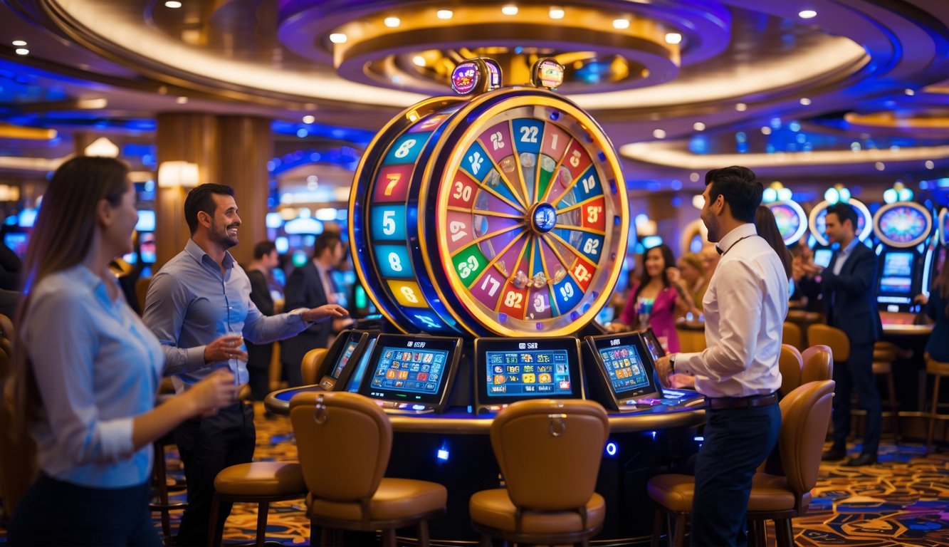 Orang-orang bermain roda besar di kasino dengan suasana yang ramai dan cerah.