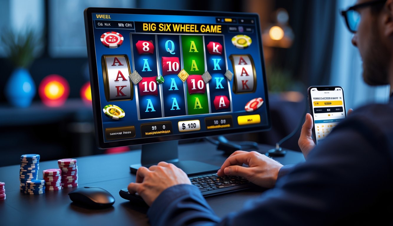 Tangan seseorang menggunakan komputer dengan permainan Big Six Wheel poker online di layar, dikelilingi chip poker dan ponsel di meja.