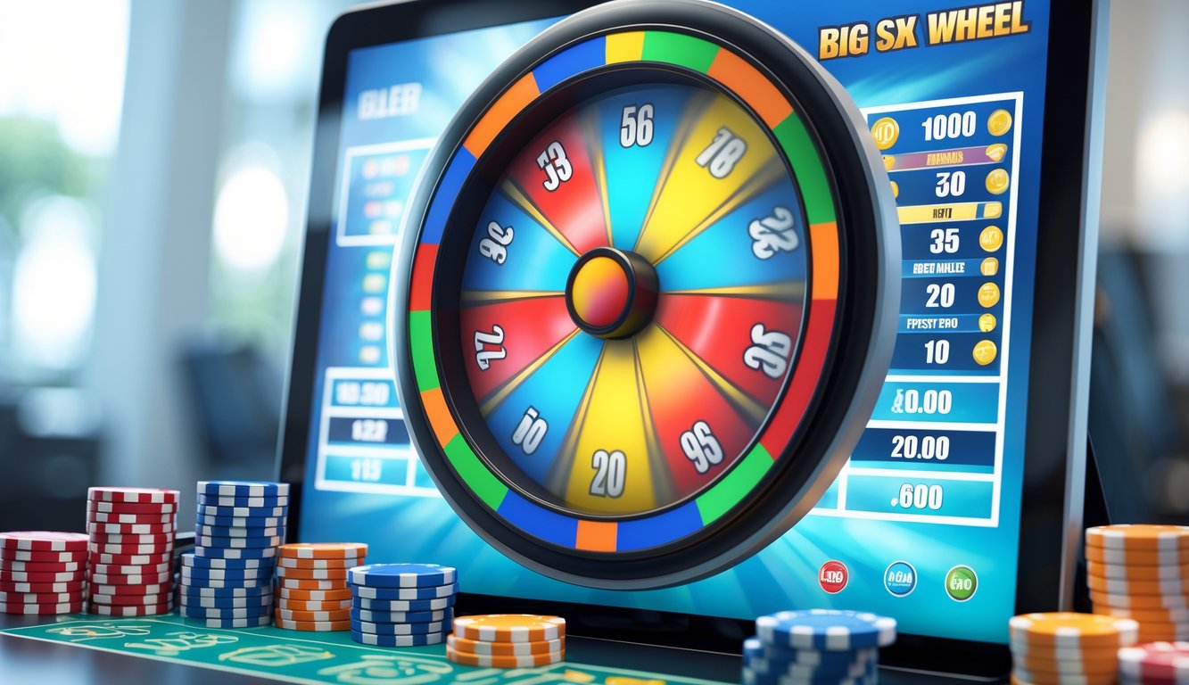 Tampilan antarmuka digital permainan roda besar enam segmen online dengan roda berwarna-warni yang sedang berputar dan chip taruhan virtual di meja taruhan.