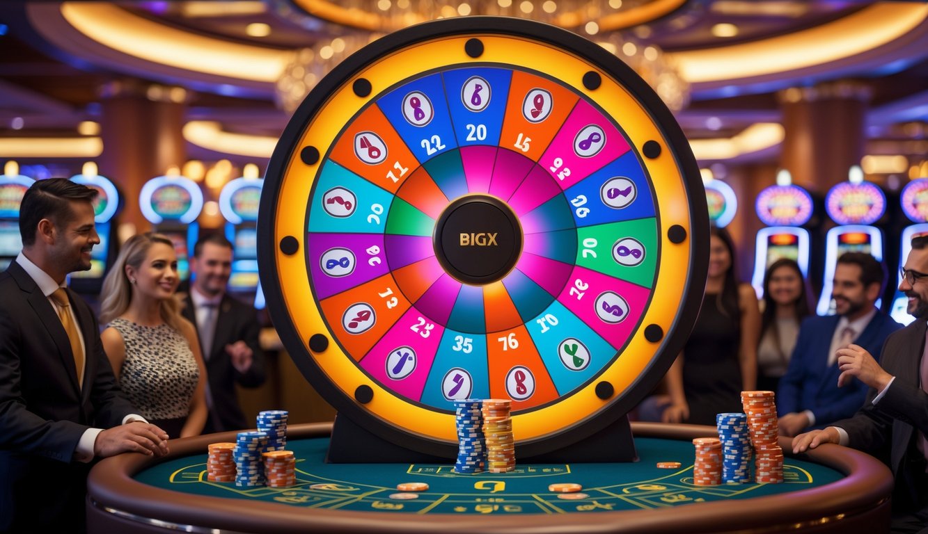 Sebuah roda besar berwarna-warni di kasino dengan pemain yang sedang bertaruh dan suasana mewah di latar belakang.