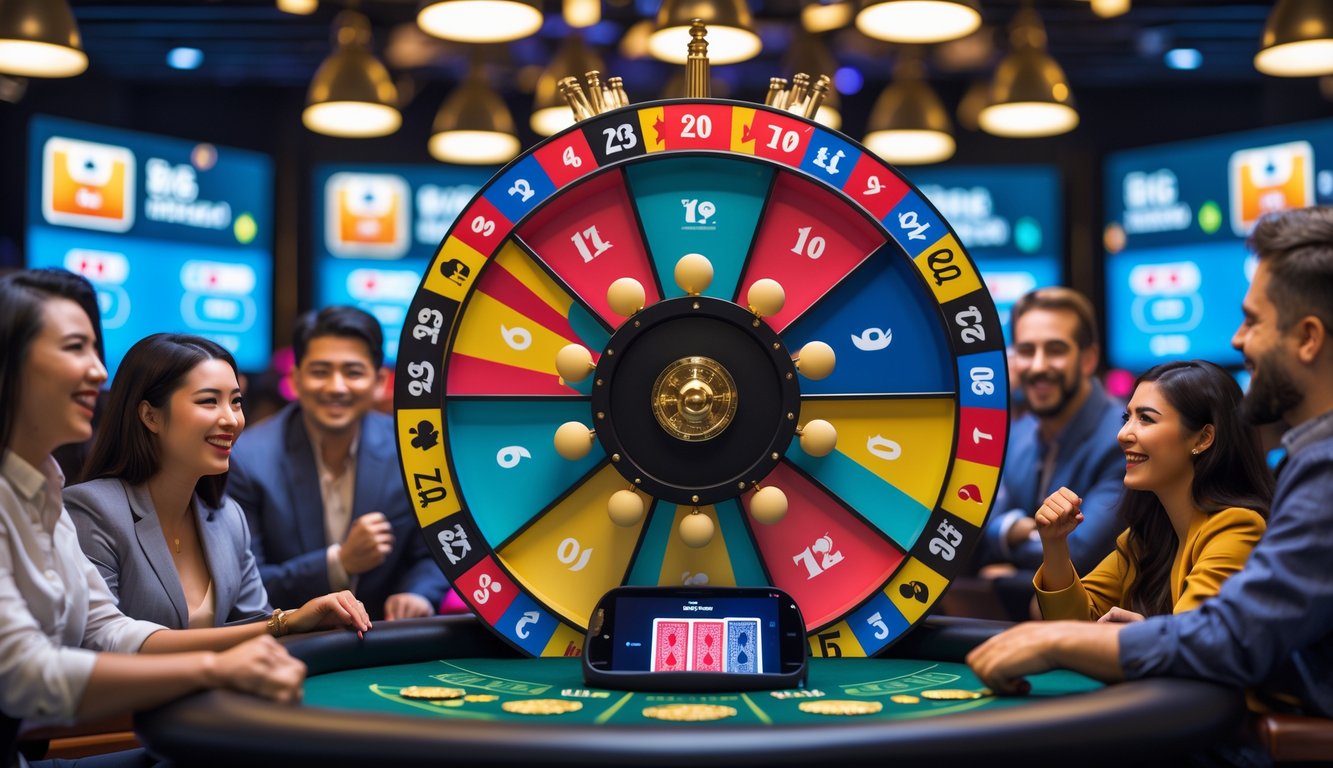 Orang-orang bermain permainan Big Six Wheel poker secara online dengan roda berwarna-warni dan layar digital di latar belakang.
