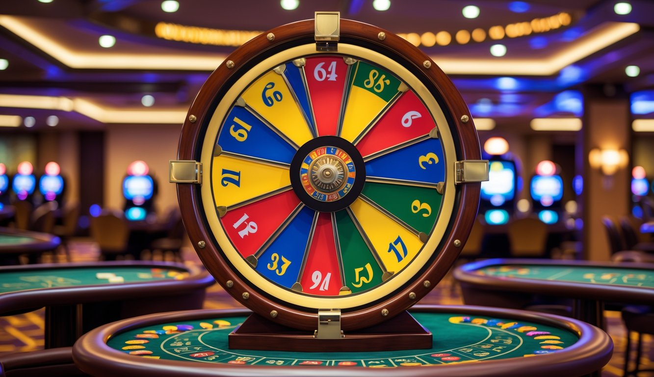 Sebuah roda besar permainan kasino Big Six Wheel berwarna-warni di atas meja kasino dengan latar belakang interior kasino.