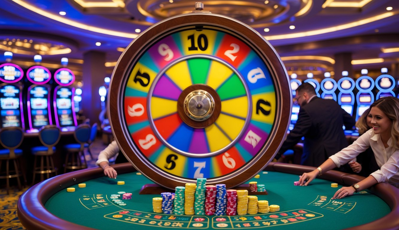 Orang-orang bermain permainan roda besar di kasino dengan suasana ramai dan roda berwarna-warni yang berputar.