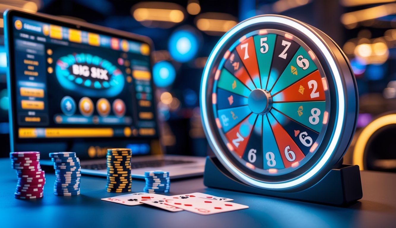 Tampilan permainan poker Big Six Wheel online dengan roda besar berwarna-warni yang sedang berputar di layar perangkat digital.
