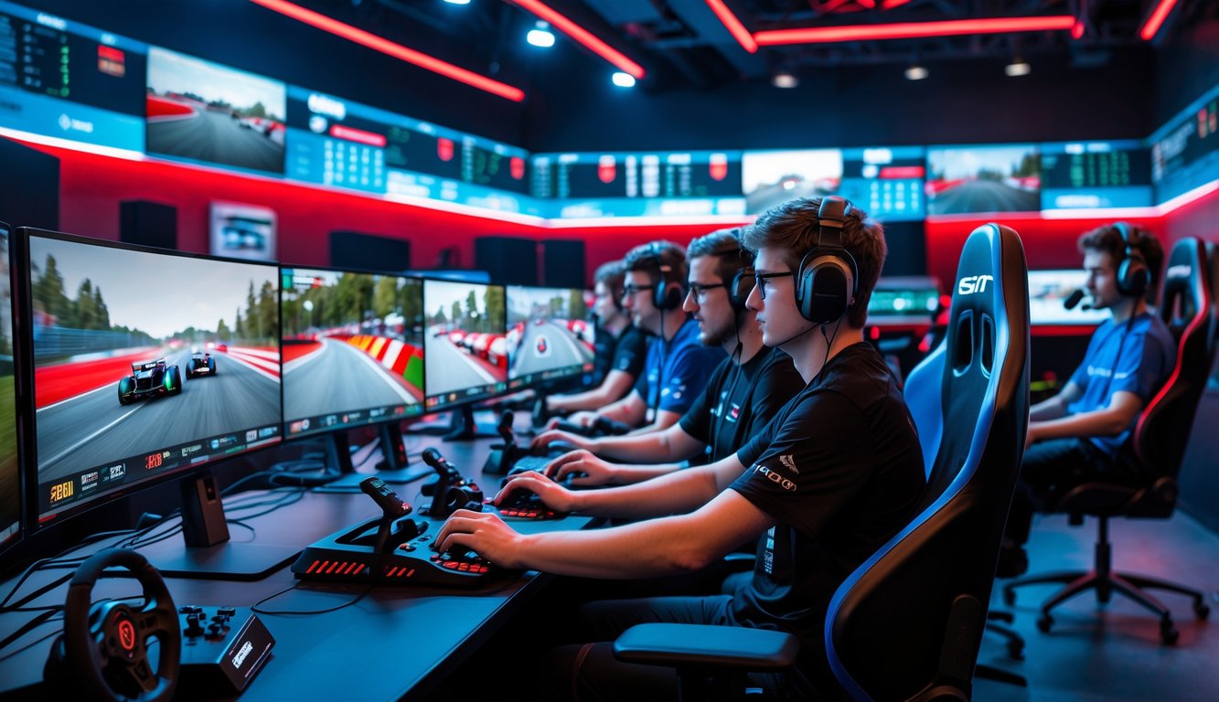 Sekelompok orang muda bermain game balap Formula 1 secara online di sebuah ruangan dengan peralatan gaming lengkap.