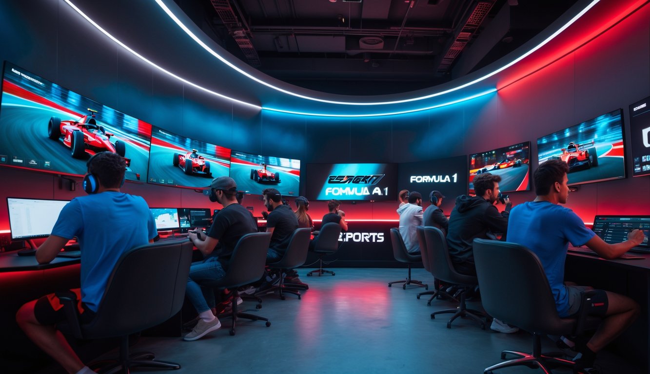 Beberapa orang muda sedang bermain dan bertaruh pada balapan Formula 1 di sebuah ruang permainan modern dengan layar komputer yang menampilkan simulasi balapan dan platform taruhan.