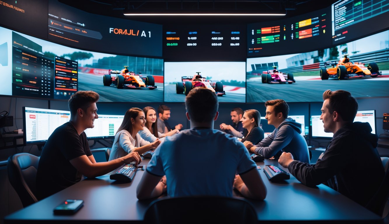 Sekelompok orang muda sedang menonton dan memasang taruhan pada balapan Formula 1 di sebuah ruang dengan beberapa monitor besar.