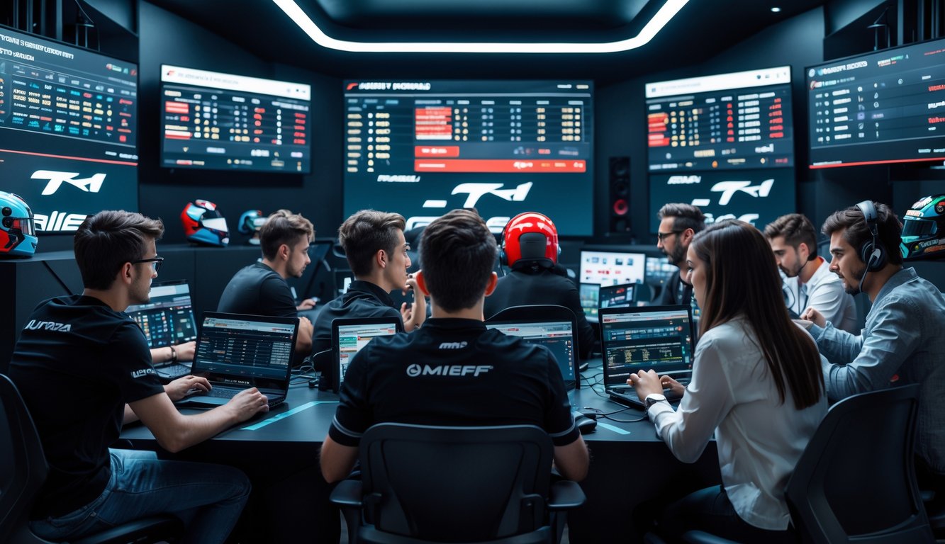 Beberapa orang muda sedang menggunakan laptop dan ponsel untuk memasang taruhan pada balapan Formula 1 di sebuah ruangan dengan monitor besar yang menampilkan data balapan.