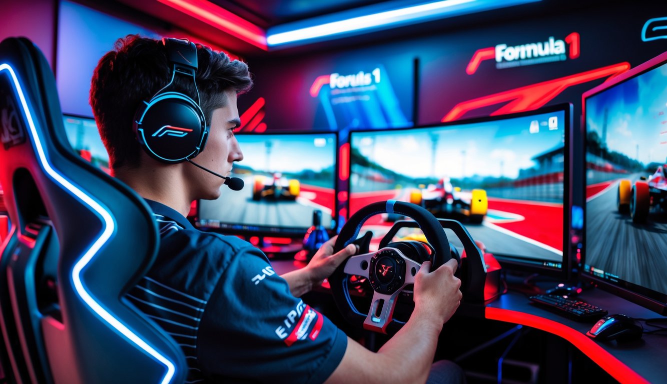 Seorang pemain muda sedang bermain game balap Formula 1 di simulator dengan layar besar dan pencahayaan LED di ruangan permainan.